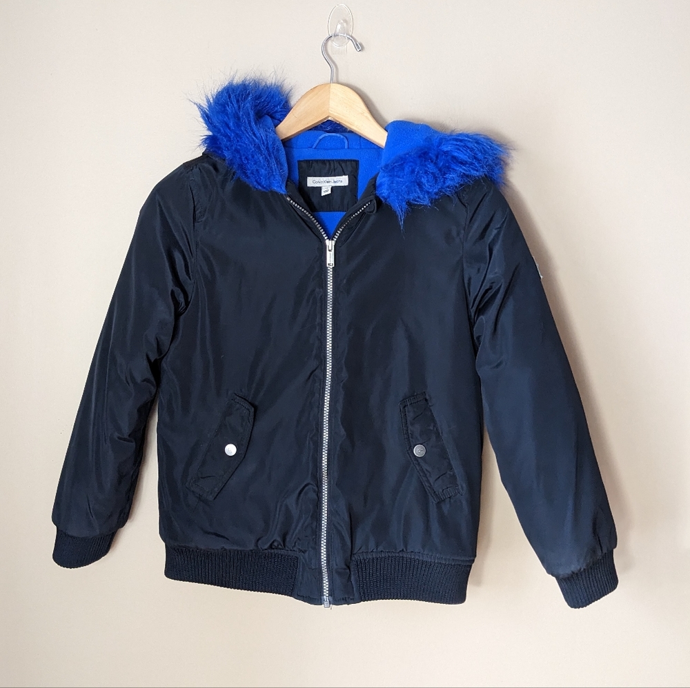 Calvin Klein girl's black jacket with blue fur hood size 12